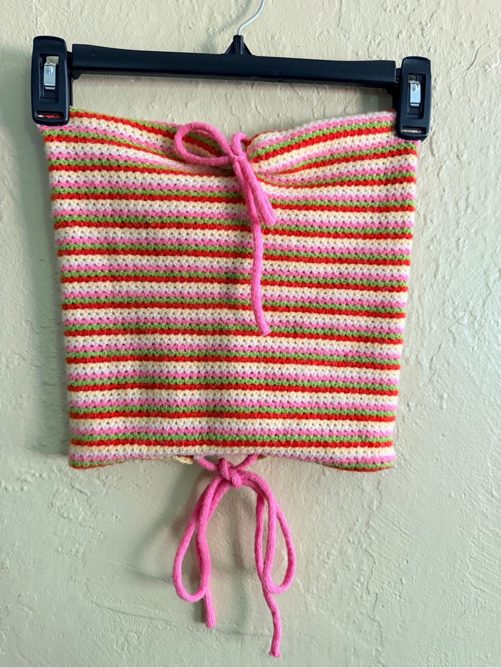 Striped Crochet Drawstring Crop Top - Pink Multi